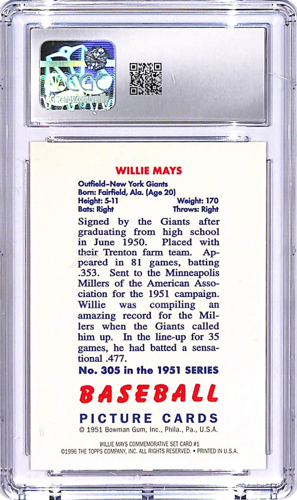 1997 Topps Willie Mays Reprints 51 Bowman CGC 9.5 #1 Giants