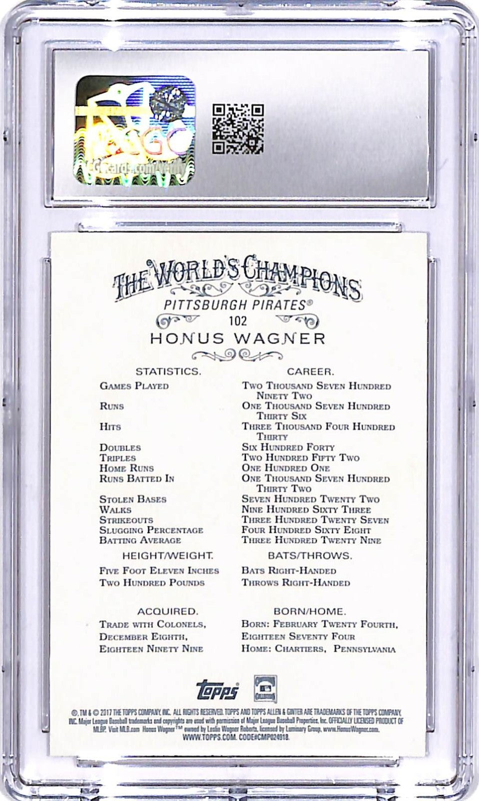 2017 Topps Allen and Ginter Honus Wagner Hot Box Foil #102 CGC 10 Pirates