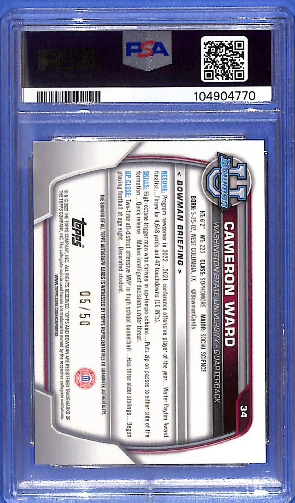 2022 Cameron Ward Bowman U #34 CHR PROS-AU-Gold Lava Refractor Auto PSA 10