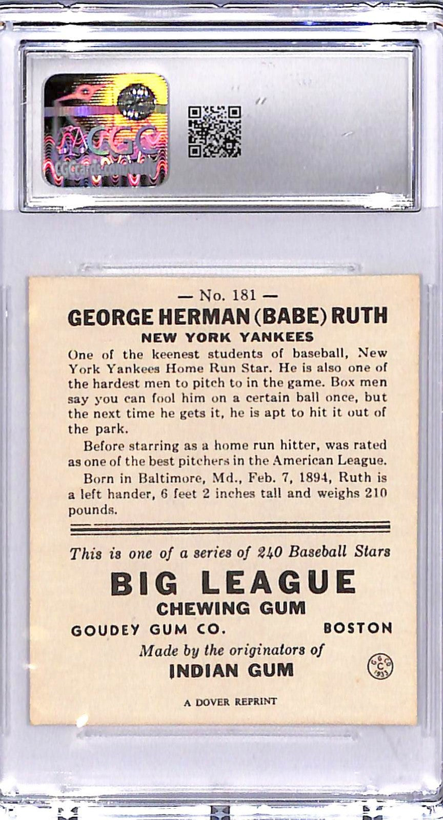 1977 Babe Ruth Dover Classic Reprints #181 '33 Goudey CGC Authentic Altered