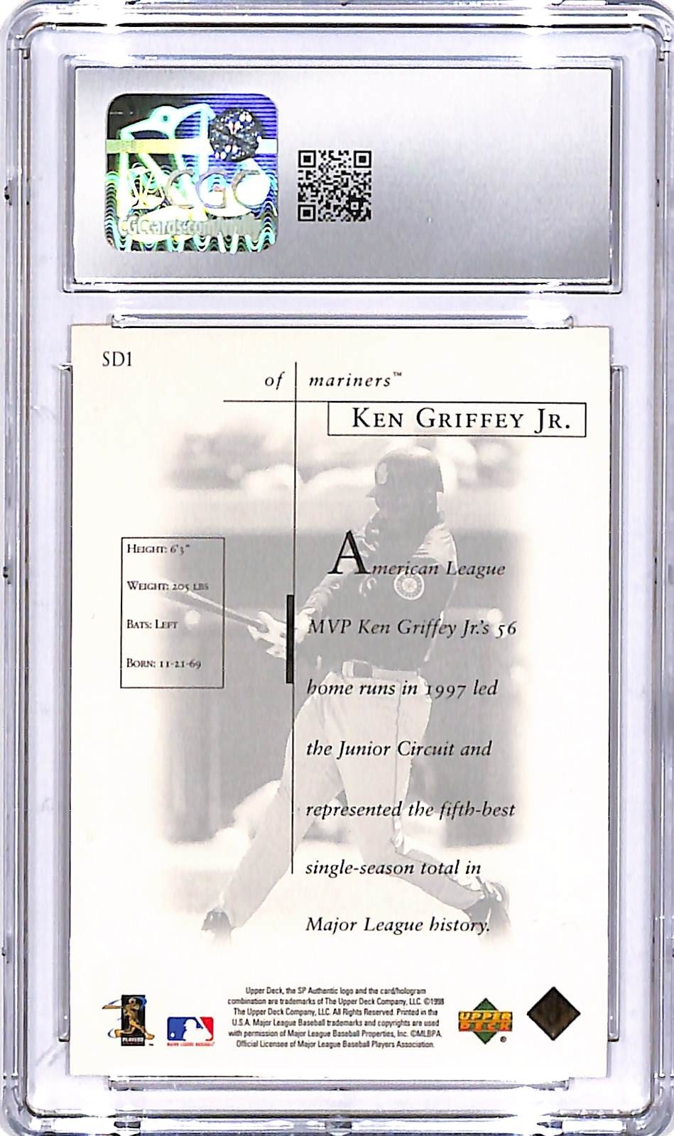 1998 SP Authentic Ken Griffey Jr Sheer Dominance SD1 CGC 9 Mariners