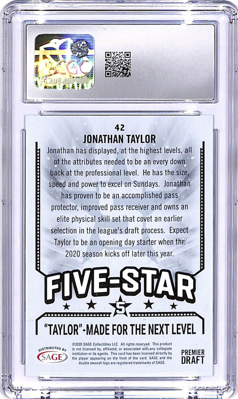 2020 Sage Hit Premier Draft Jonathan Taylor Rookie RC #42 CGC 9.5