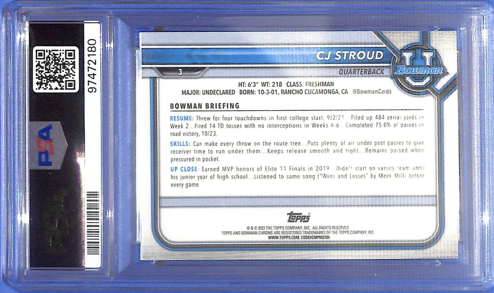 2021 Bowman Chrome University CJ Stroud Rookie RC Yellow Refractor /75 PSA 9