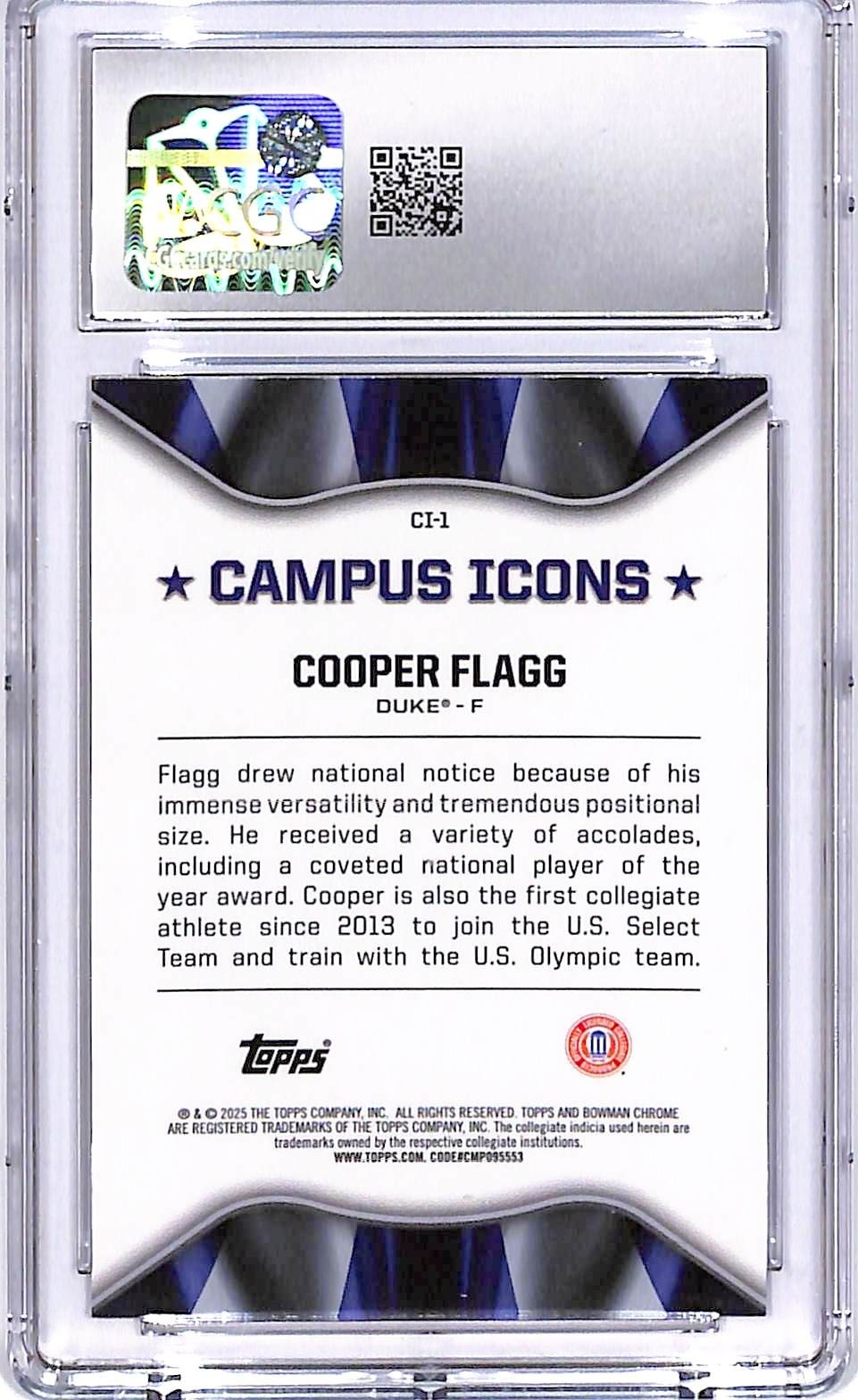 2024-25 Bowman Chrome University Cooper Flagg Campus Icon Rookie RC CGC 10