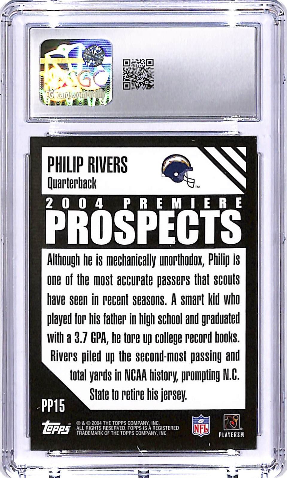 2004 Topps Philip Rivers Premiere Prospects Rookie RC PP15 CGC 10 Chargers