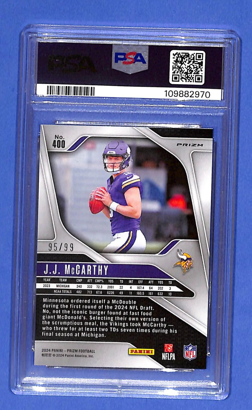 2024 Panini Prizm Rookies J.J. McCarthy #400 Purple Wave Prizm /99 (RC) PSA 9