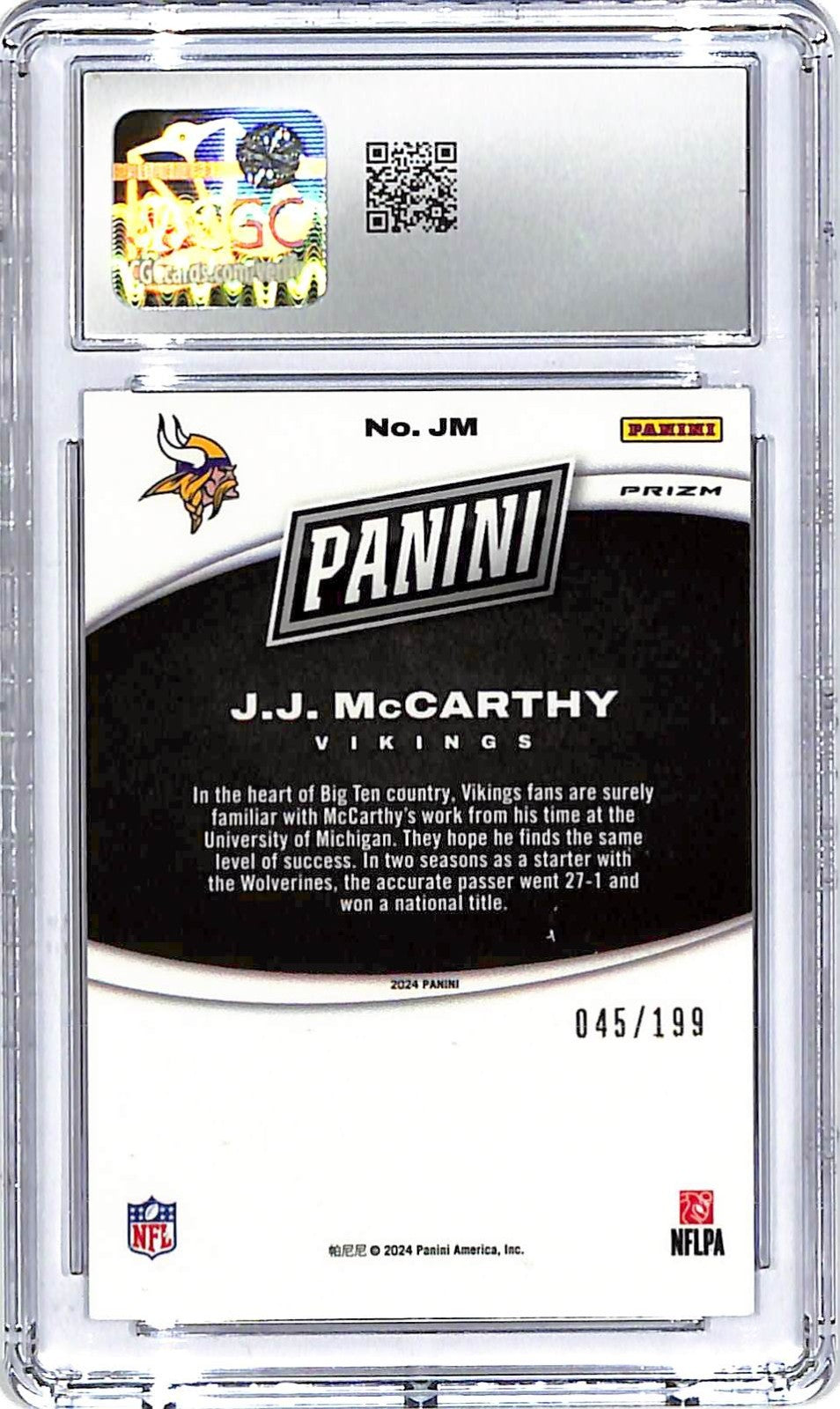 2024 Panini Black Friday JJ McCarthy Rookies Opti RC /199 CGC 10 Vikings