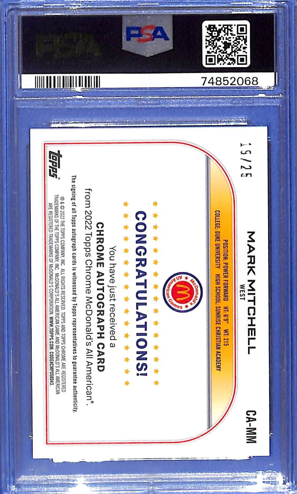 2022 Mark Mitchell Topps Chrome Mcdonalds A.A Auto Orange #19/25 CA-MM PSA 9