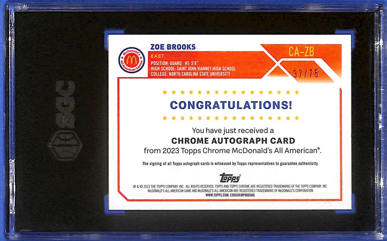 2023 Topps Chrome McDonald's A. A. Auto Zoe Brooks #CA-ZB Yellow #/75 SGC 9