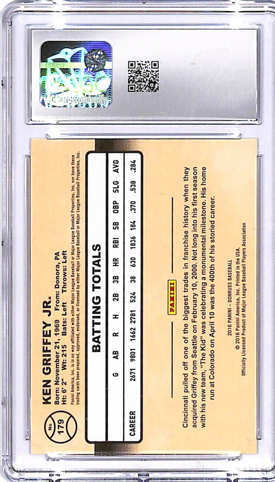 2016 Donruss Ken Griffey Jr #179 CGC 10 Reds