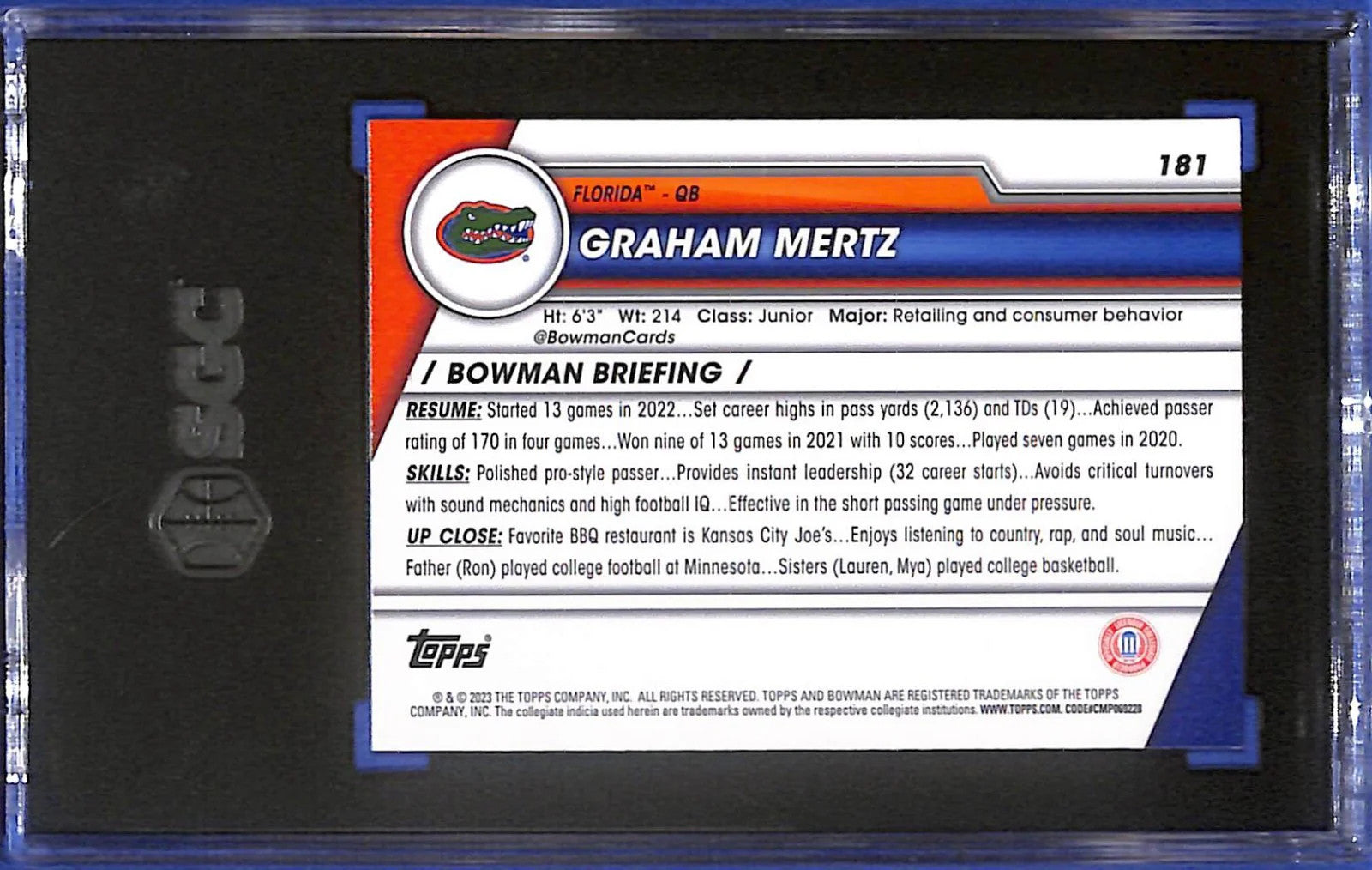 2023 Bowman University Chrome Sapphire - Graham Mertz #181 (RC) SGC GEM MINT #10