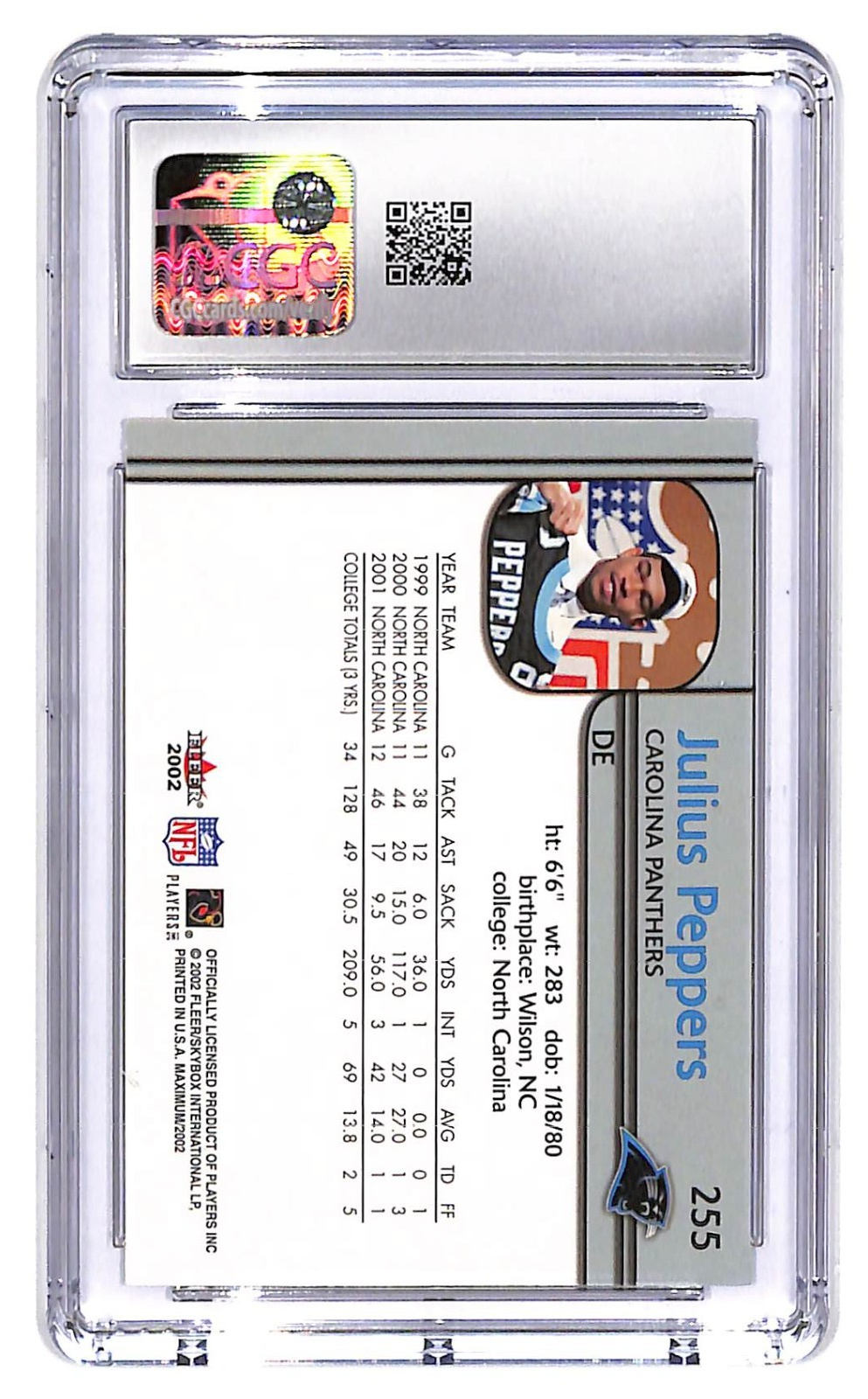 2002 Julius Peppers Fleer Maxium #255 CGC Mint Plus 9.5