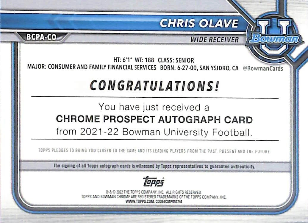 2021-22 Bowman Chrome University Chris Olave Auto Autograph Rookie RC Ohio State