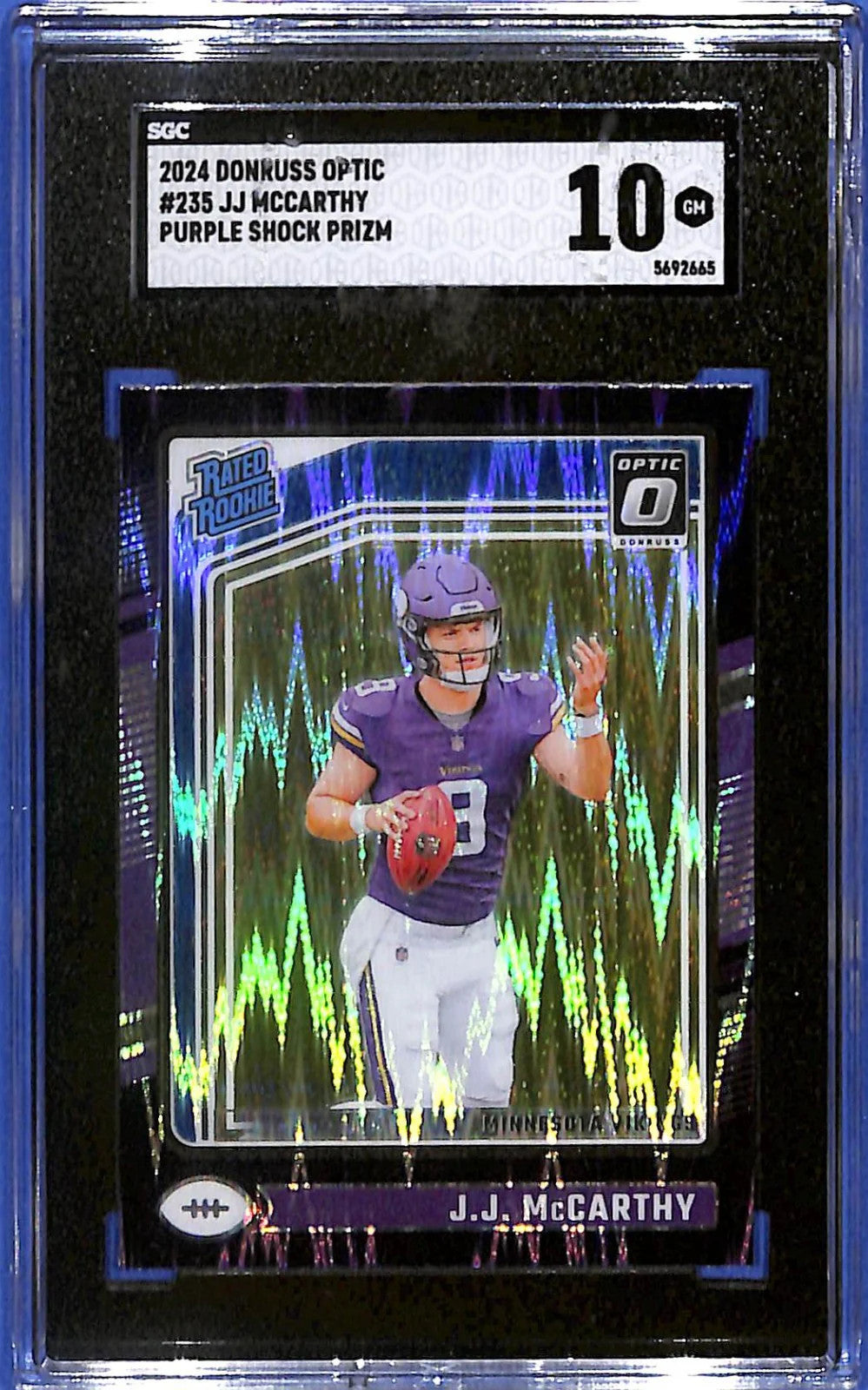 2024 Panini Donruss Optic J.J. McCarthy RC #235 Purple Shock Prizm SGC 10 GM