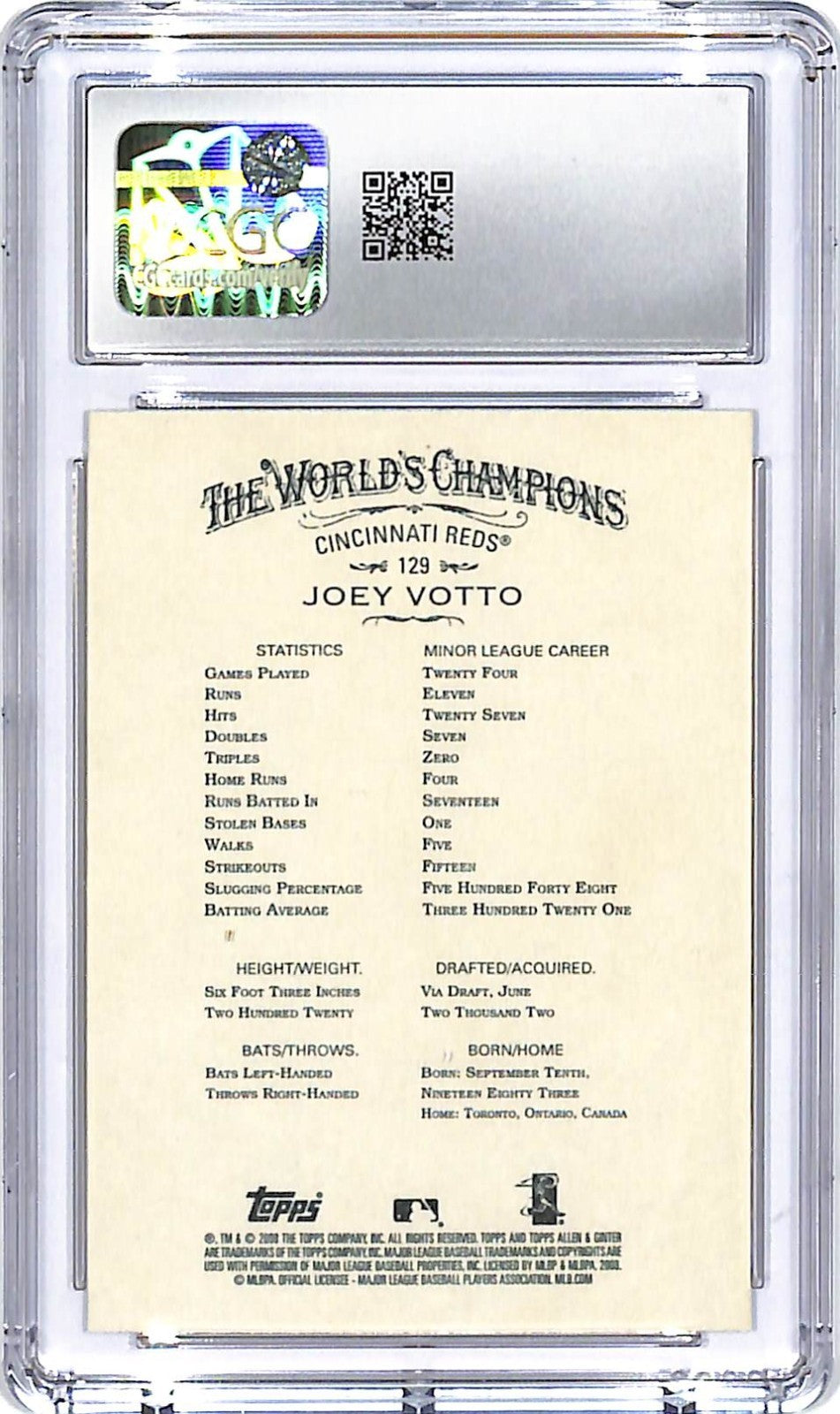 2008 Topps Allen and Ginter Joey Votto Rookie RC #129 CGC 10 Reds
