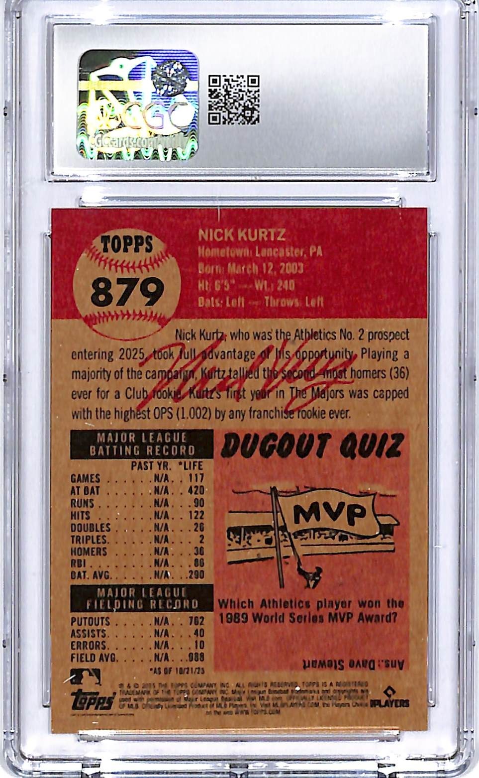 2025 Topps Living Set Nick Kurtz Rookie RC #879 CGC 10 Athletics