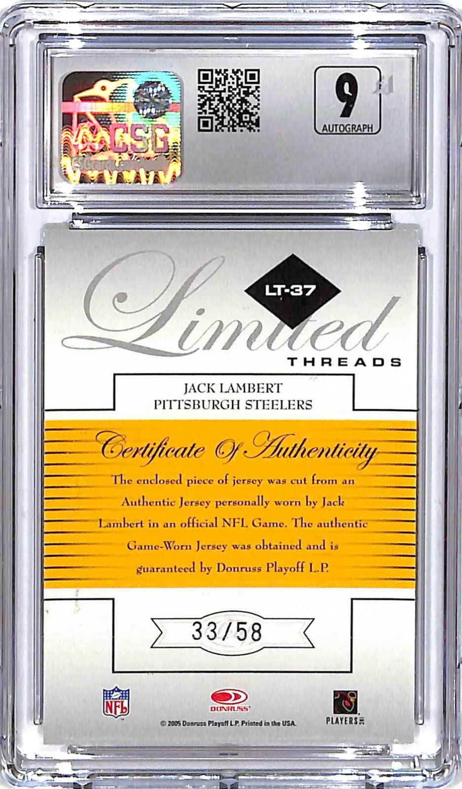 2005 Leaf Limited Jack Lambert Threads Auto Autograph Jersey Number CGC 8.5 /58