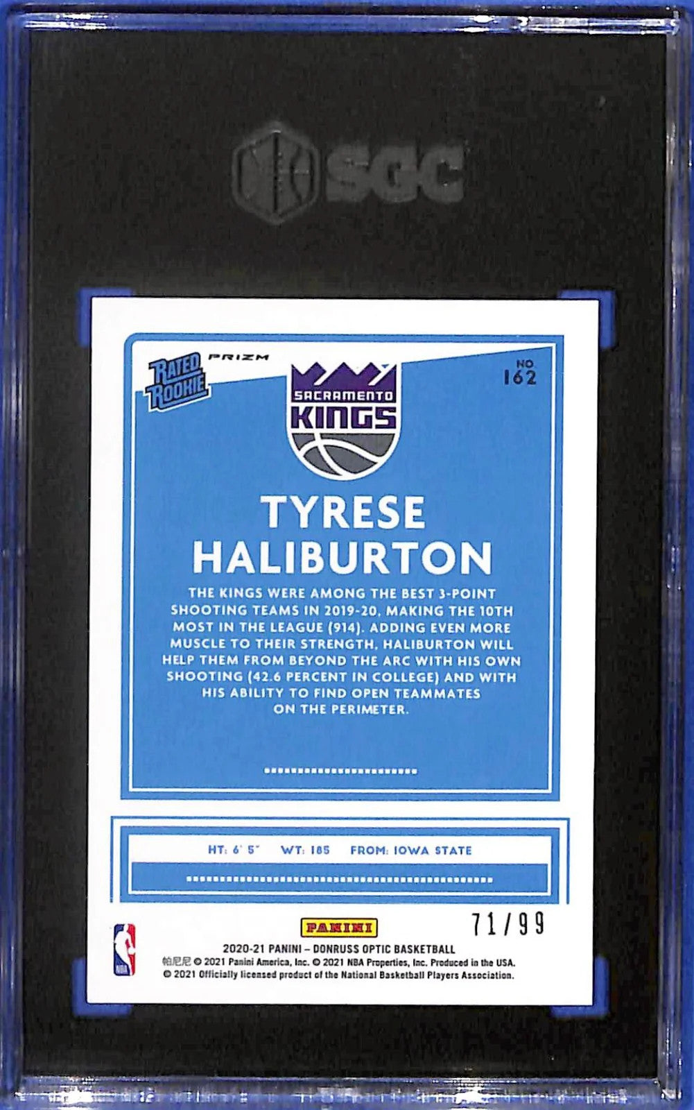 2020/21 Donruss Optic Tyrese Haliburton Red Prizm #71/99 (RC) SGC 9.5 MT+ Kings