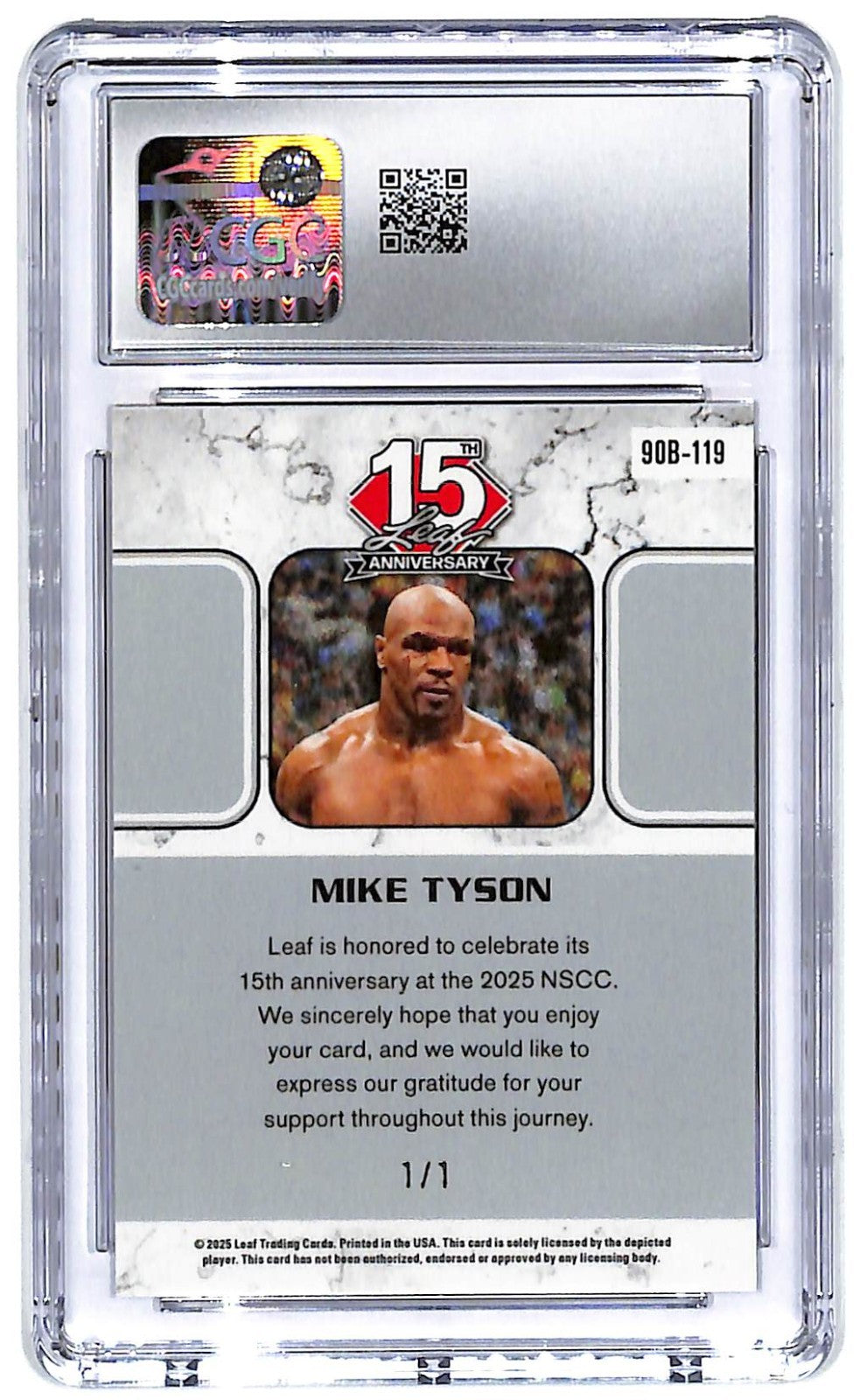 2025 Mike Tyson Leaf 15th Anniversary '90 Leaf Gold Shimmer - 90B-119 #1/1 CGC 9