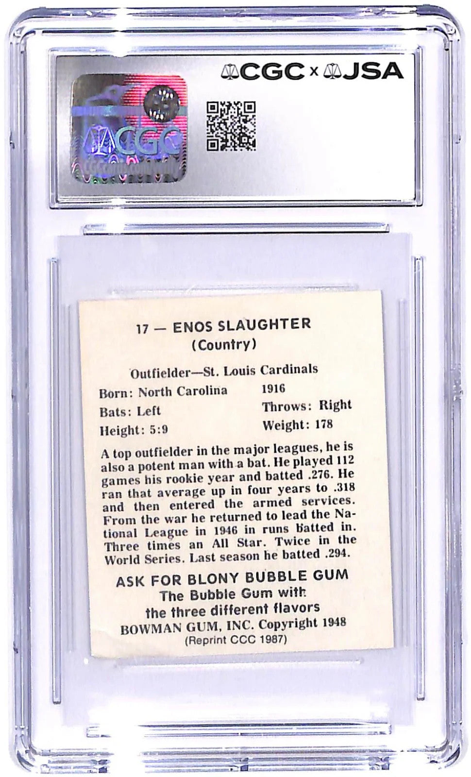 1987 Enos Slaughter CCC '48 Bowman Reprint #17 CGC - JSA Authentic Auto 8