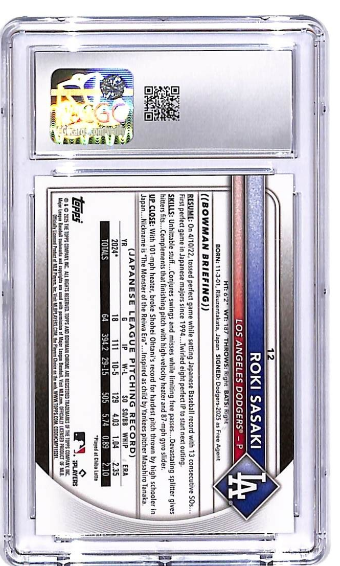 2025 Bowman Chrome Roki Sasaki Red Rookie Redemption RC CGC 10 Dodgers