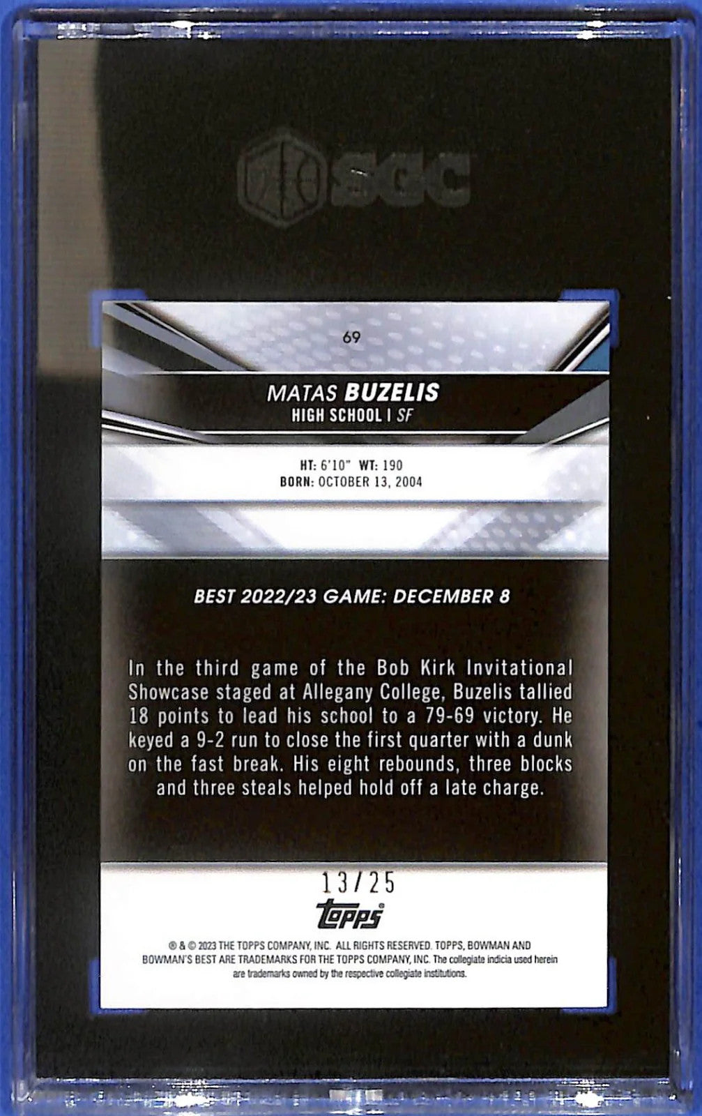 2022-23 Matas Buzelis Bowman U Best Orange Refractors # 13/25 - #69 SGC 9