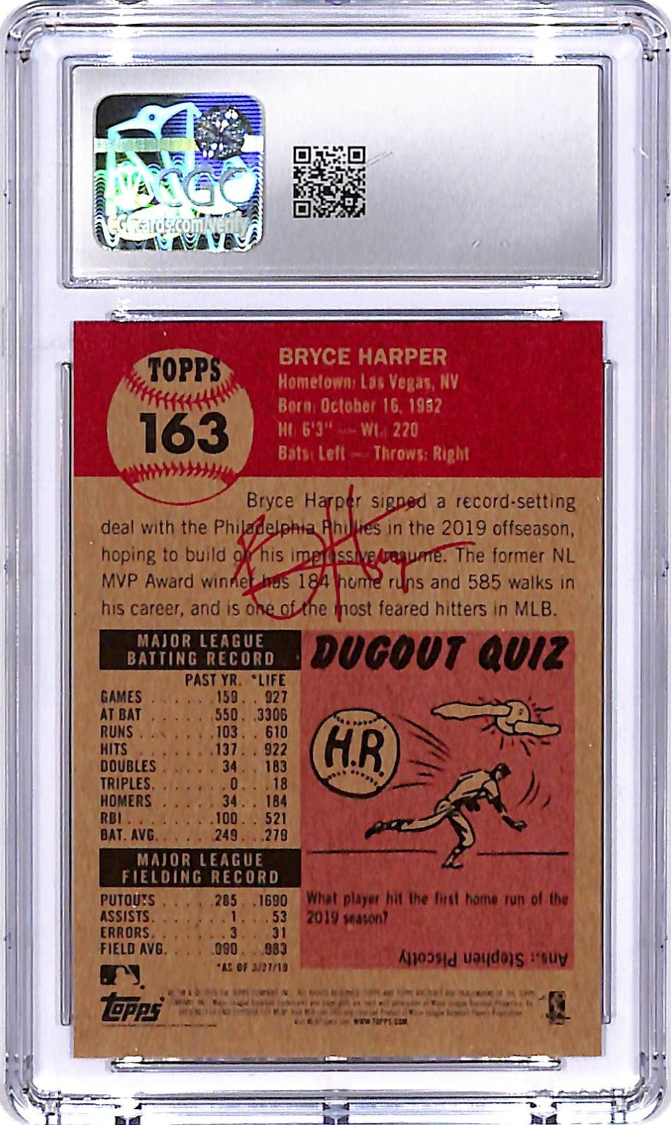 2019 Topps Living Set Bryce Harper #163 CGC 10 Phillies