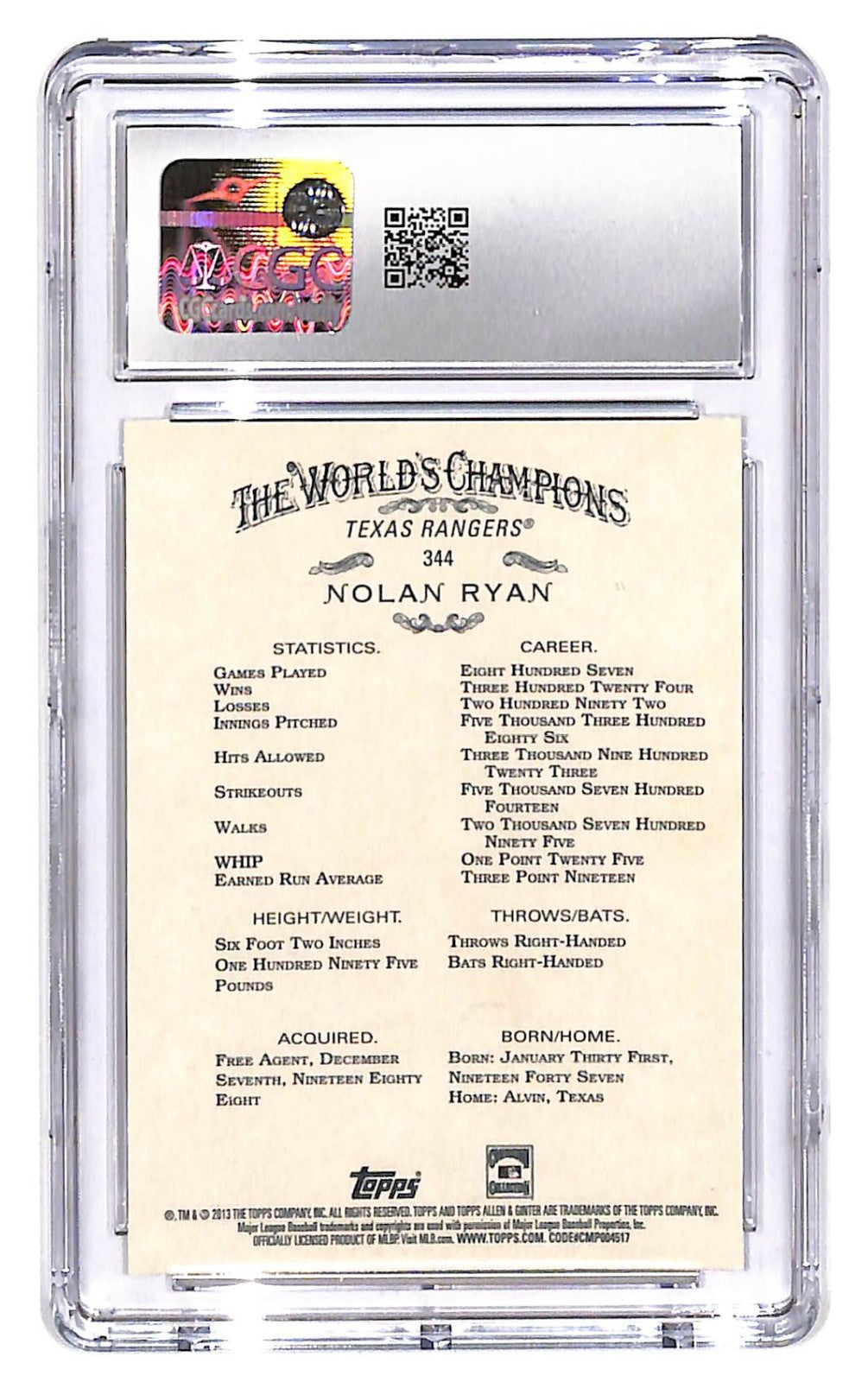 2013 Nolan Ryan Topps Allen and Ginter #344 CGC Gem Mint 10