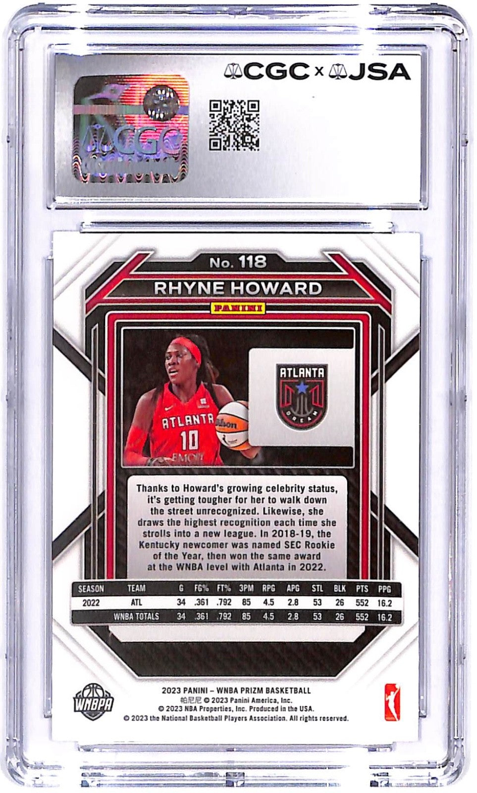 2023 Rhyne Howard Panini Prizm WNBA #118 AUTO CGC - JSA Authentic Auto 9