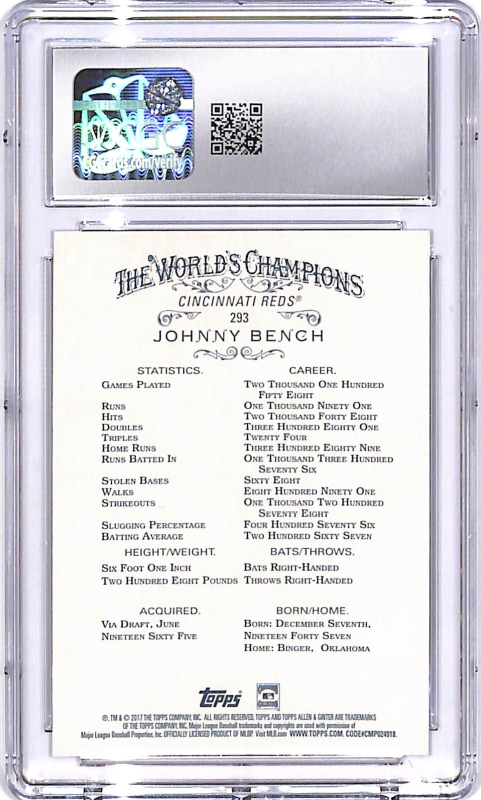2017 Topps Allen and Ginter Johnny Bench #293 CGC 10 Reds