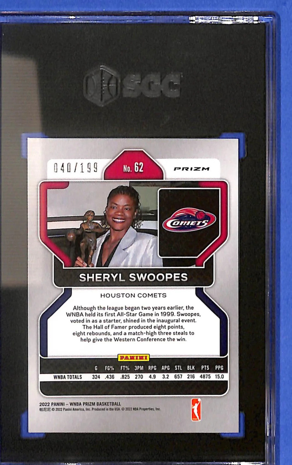 2022 Panini Prizm WNBA Sheryl Swoopes #62 Red Prizm #40/199 SGC 10 GM Comets