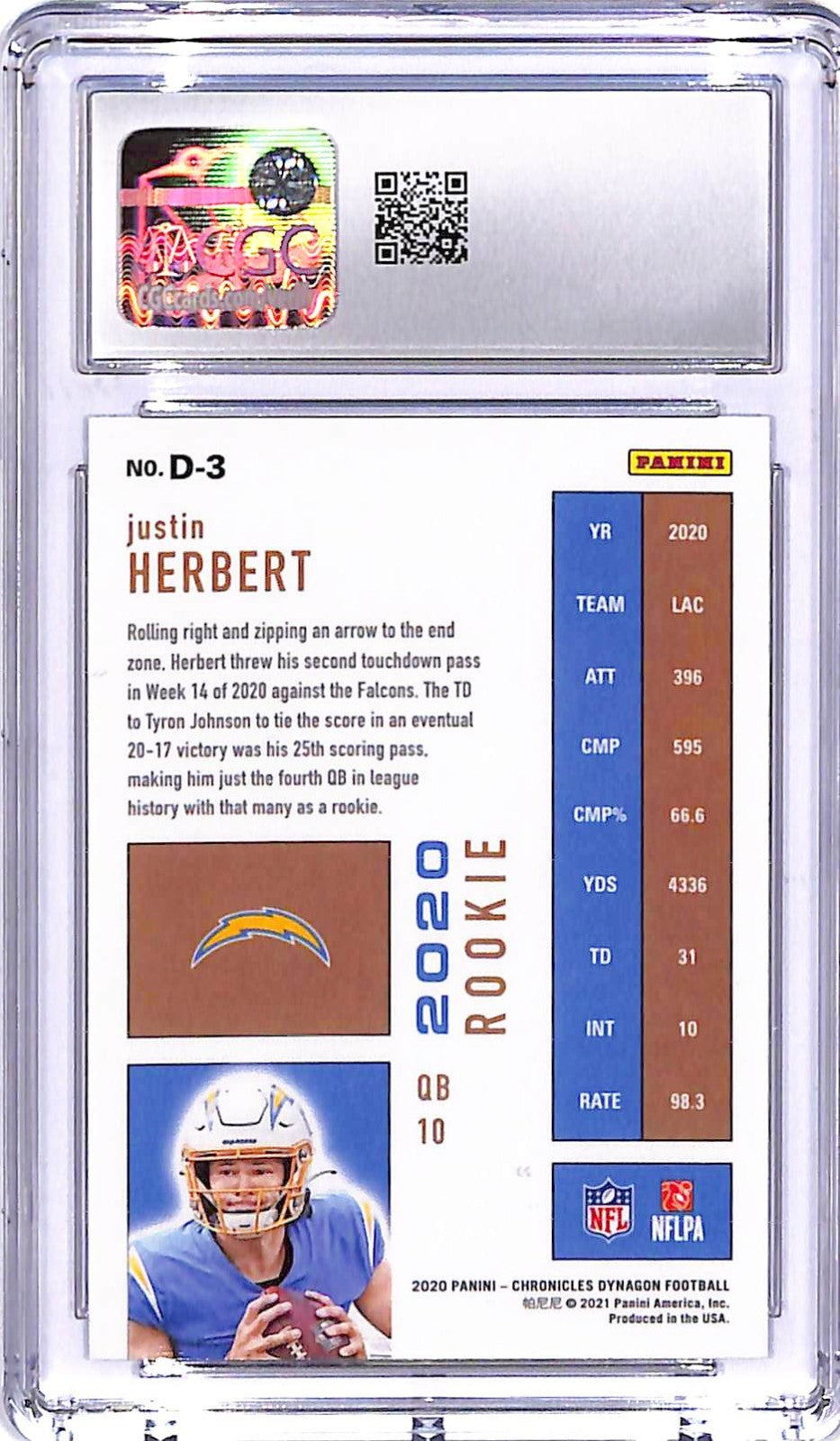2020 Chronicles Justin Herbert Dynagon Rookie RC #3 CGC 9.5 Chargers