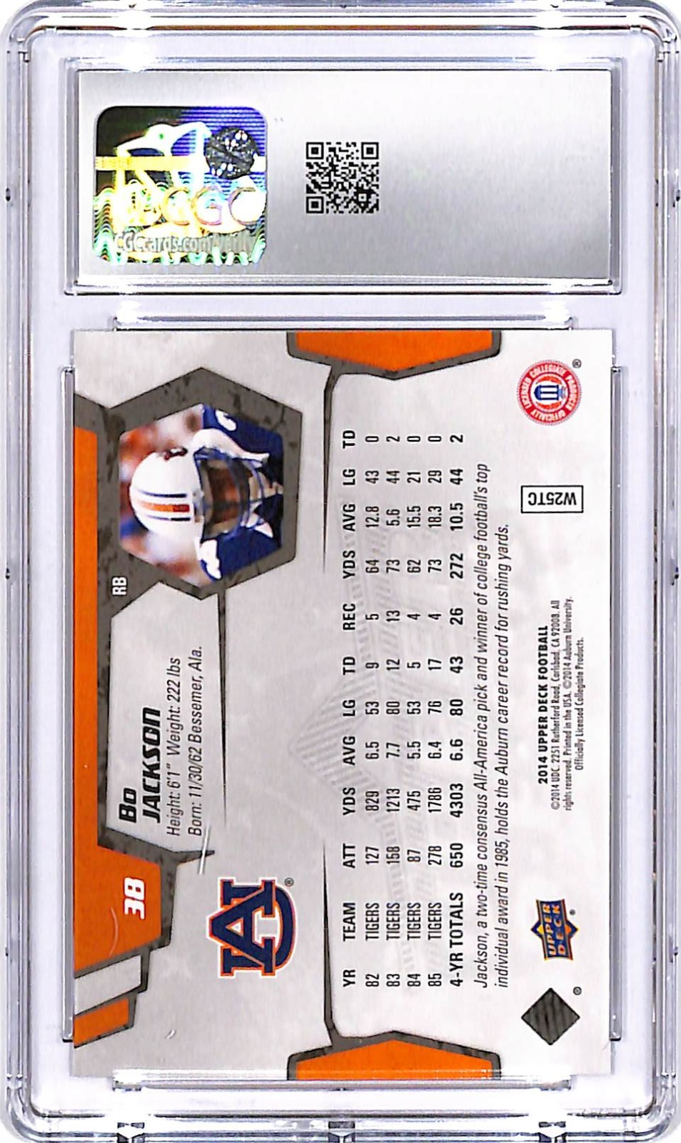 2014 Upper Deck Bo Jackson #38 CGC 10 Auburn