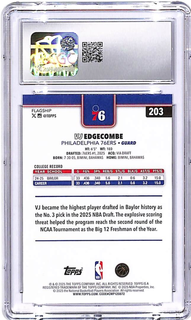 2025-26 Topps VJ Edgecombe Rookie RC #203 CGC 10 76ers