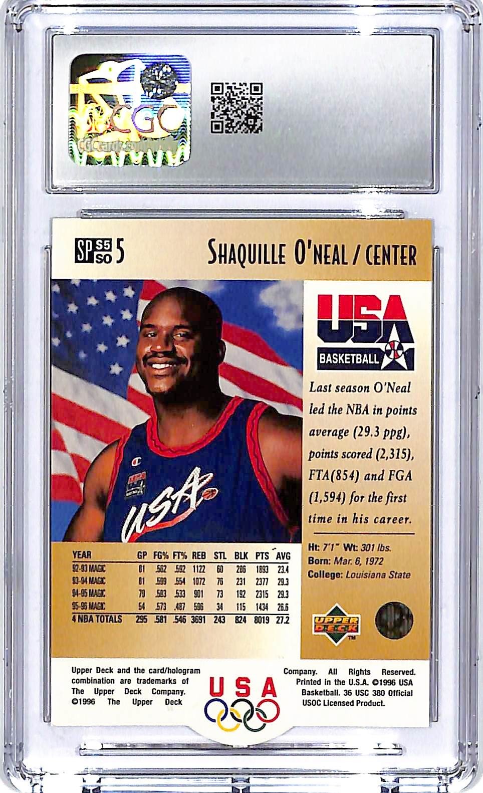 1996 Upper Deck USA Shauille O'Neal SP Career Statistics #S5 CGC 10
