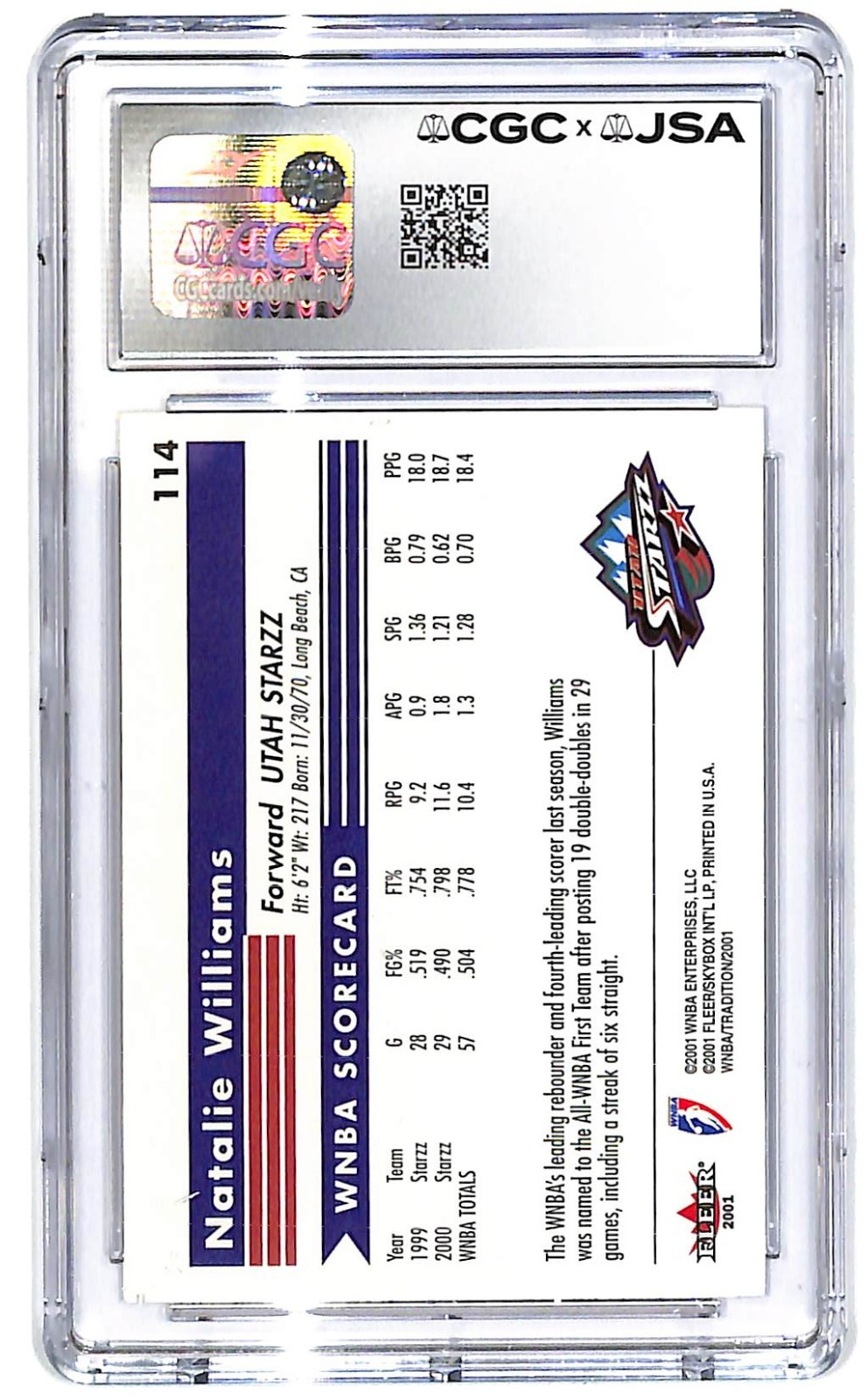 2001 Natalie Williams Fleer Tradition WNBA Auto #114 CGC-JSA Authentic Auto 10