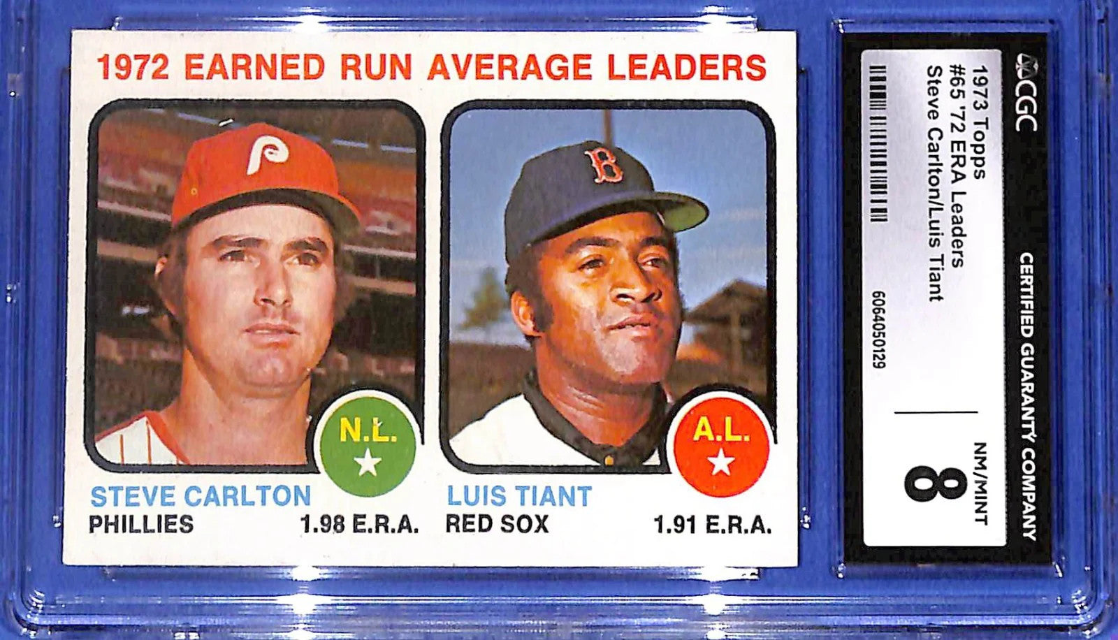 1973 Topps League Leaders Steve Carlton (HOF), Luis Tiant #65 CGC 8 NT/MT
