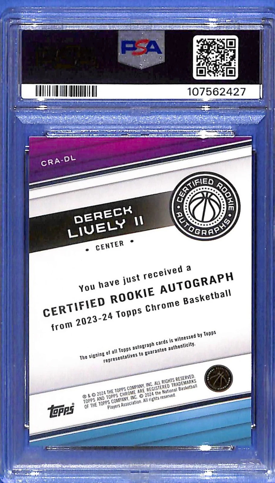 2023 Dereck Lively II Topps Chrome Rookie Auto Orange CRA-DL # 22/25 PSA 10