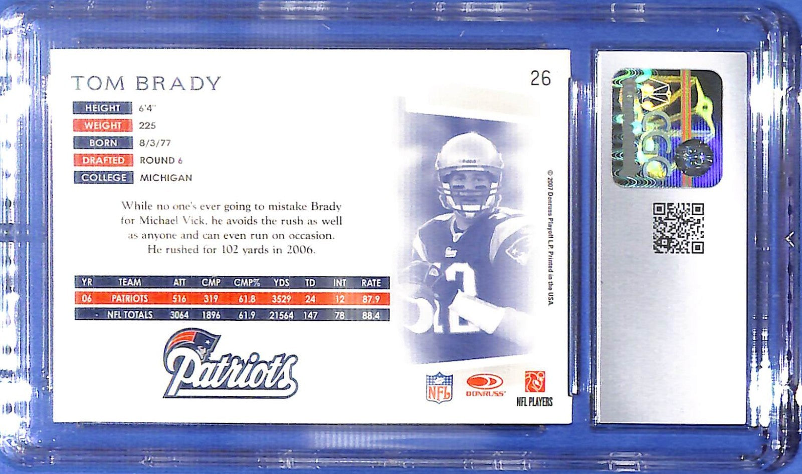 2007 Donruss Threads Tom Brady #26 CGC 10 Gem Mint Patriots