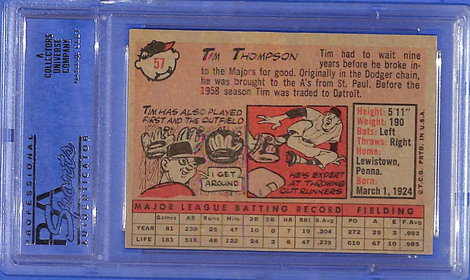 1958 Topps - Tim Thompson #57 Player Name in White (RC) PSA 8 Detroit Tigers
