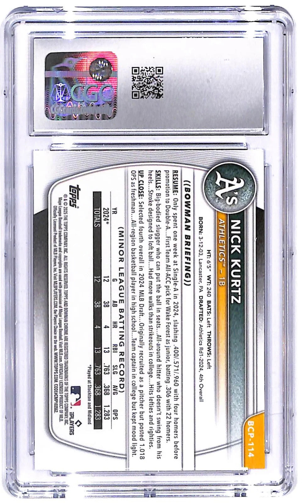 2025 Nick Kurtz - Bowman Chrome Prospects #BCP-114 Mojo Refractor (RC) CGC 10