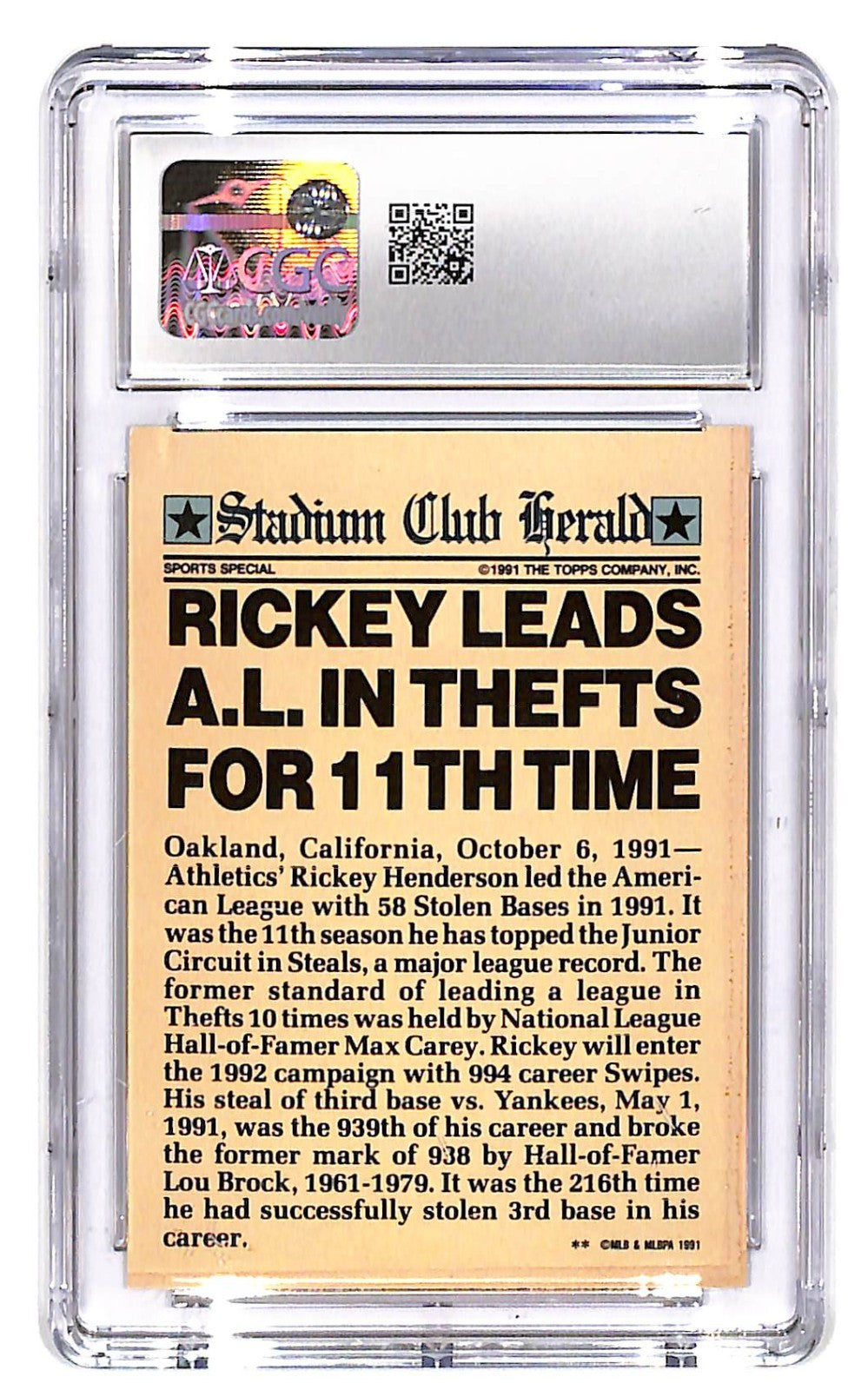 1991 Rickey Henderson Topps Stadium Club Members Only Running CGC Gem Mint 10