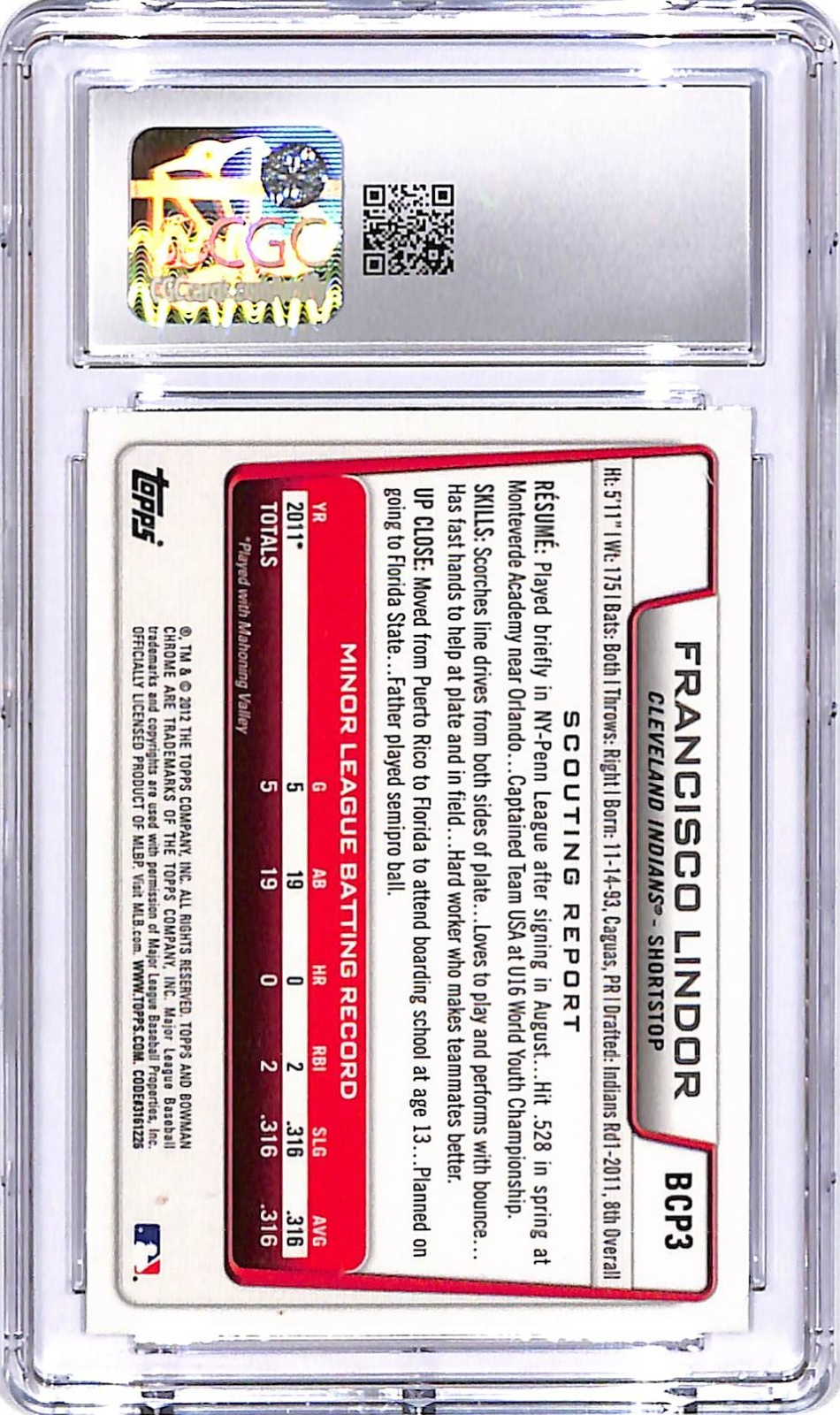 2012 Bowman Chrome Francisco Lindor Prospects Rookie RC CGC 9 Indians