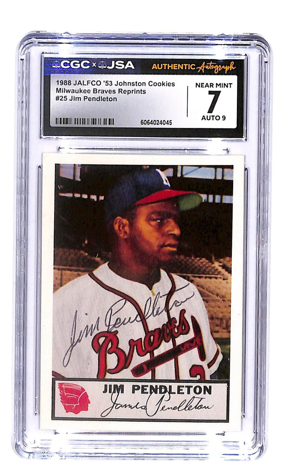 Signed 1988 JALFCO '53 Reprints Johnston Cookies #25 Jim Pendleton CGC 7/9 Auto
