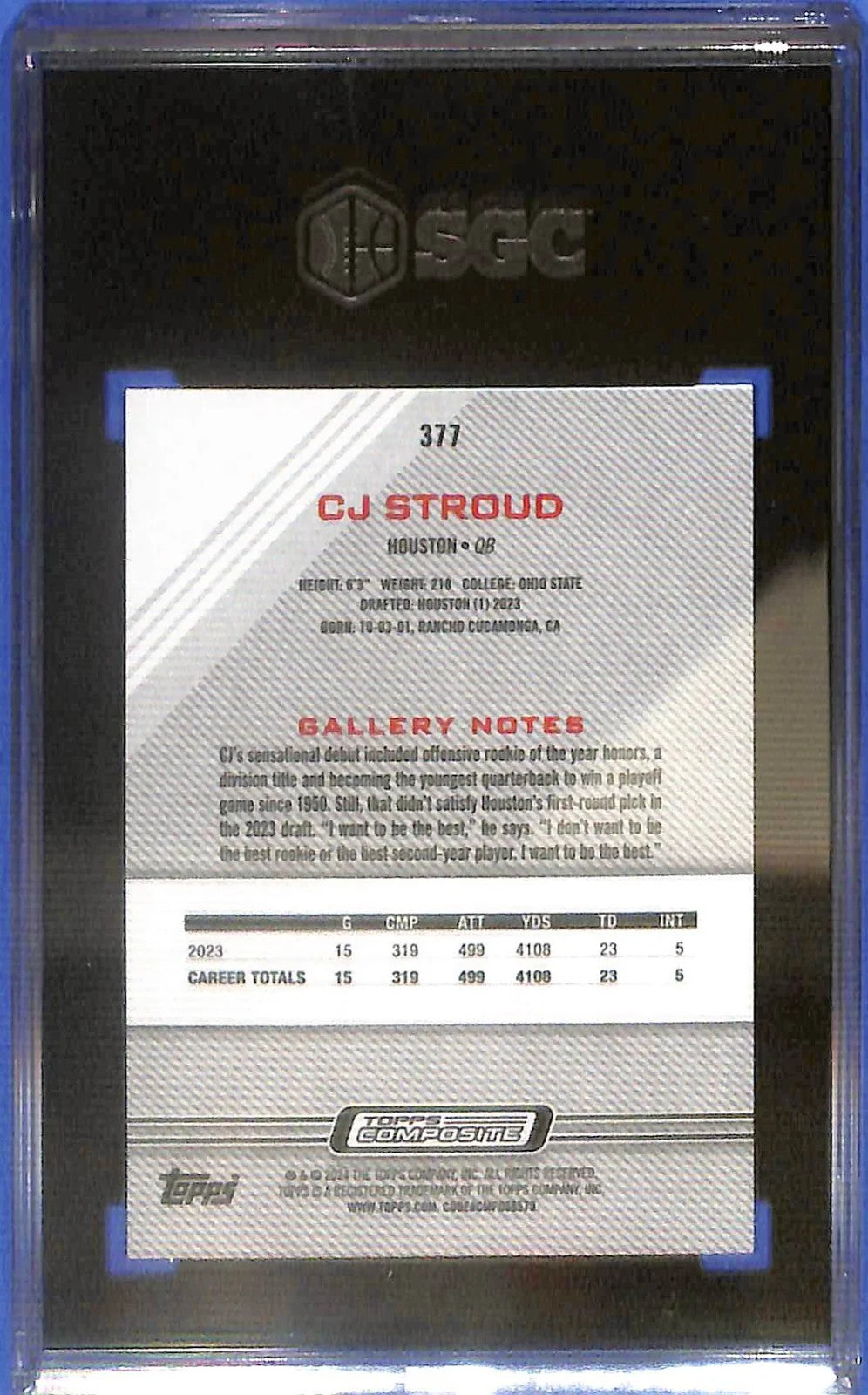 2023 Topps Composite CJ Stroud Gallery Rookie RC SGC 10 #377 Houston Texans