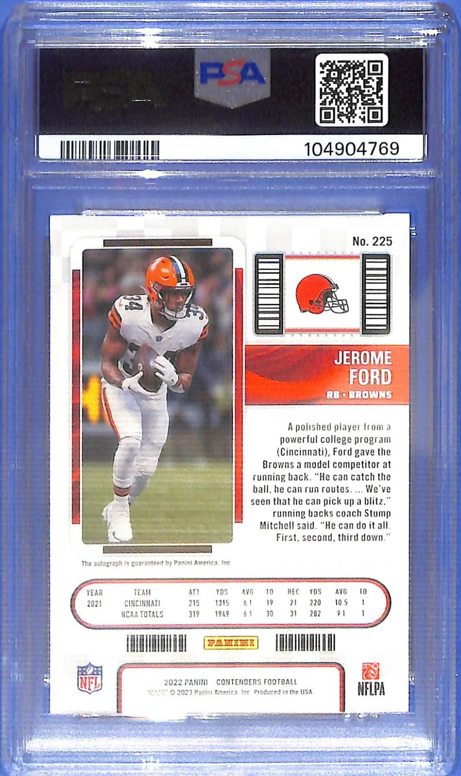 2022 Contenders Jerome Ford Auto Autograph Rookie RC PSA 10 #225 Browns