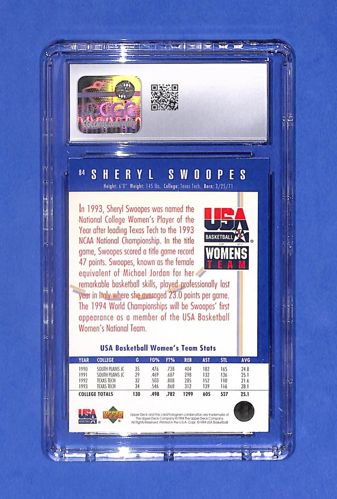 1994 Upper Deck USA Basketball - Sheryl Swoopes #84 Gold Medal (RC) CGC 10 GM