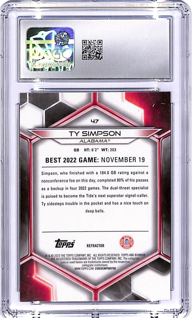 2023 Bowmans Best University Ty Simpson Rookie RC Refractor #47 CGC 10 Alabama
