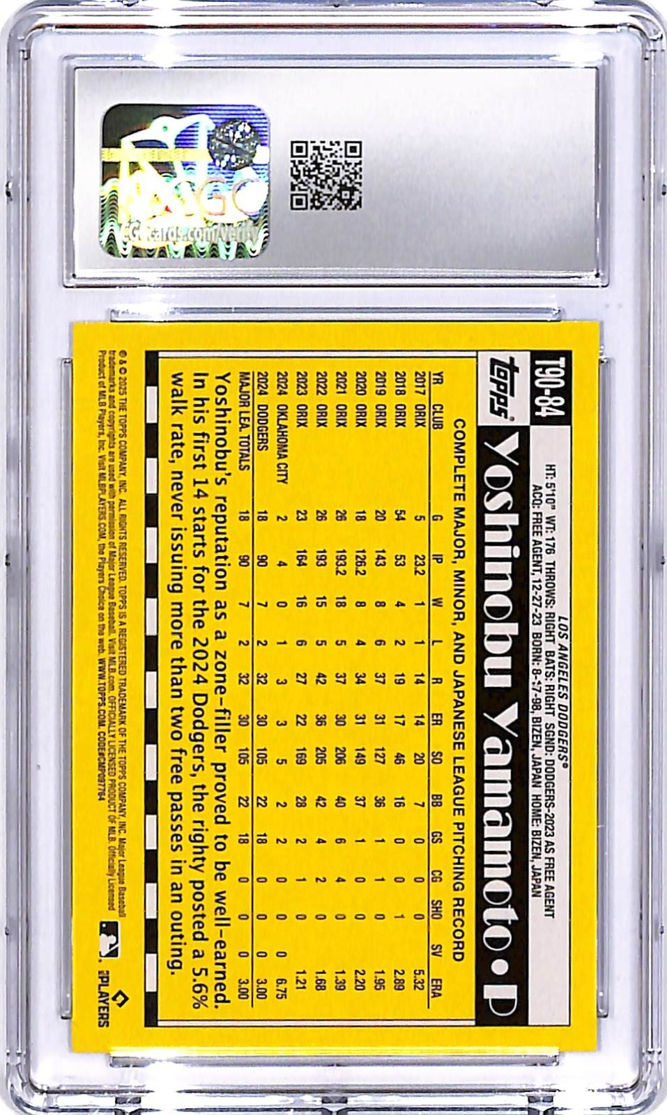 2025 Topps Yoshinobu Yamamoto 90 Throwback CGC 10 Dodgers