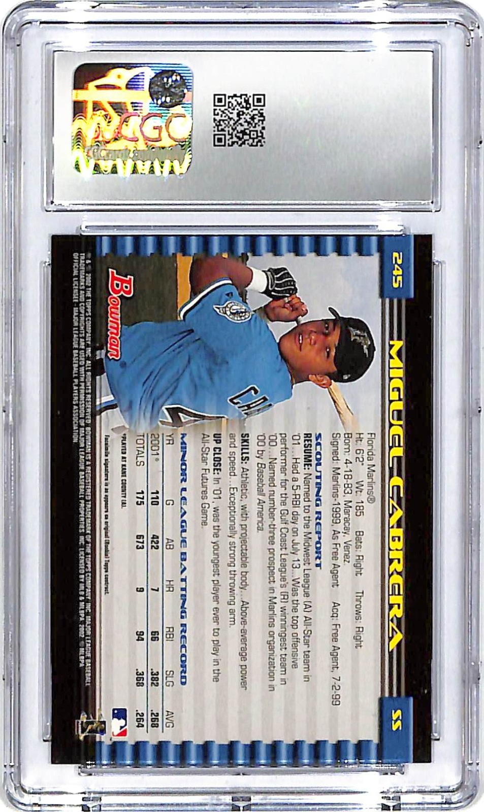 2002 Bowman Miguel Cabrera Rookie RC #245 CGC 10 Marlins